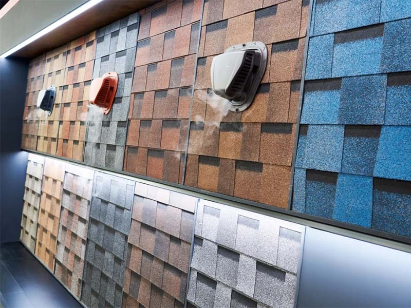 Display of colorful roof shingle samples.