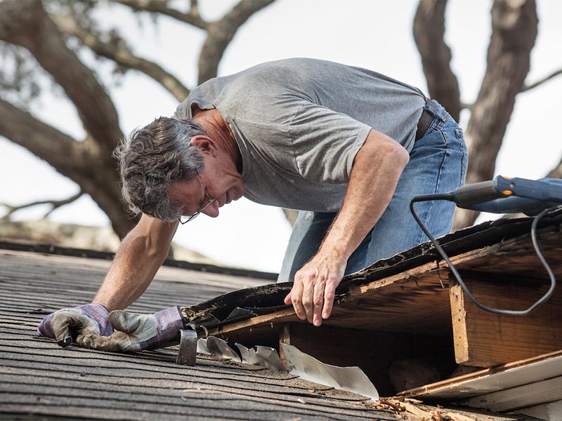 Sagging roof section under repair